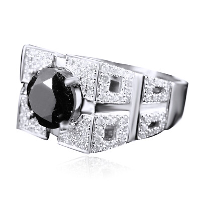 #ad 14K New White Gold Black CZ Ring Solitaire Band Pinky Ring 3.25 Ct Mens $880.73