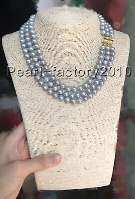 #ad NEW triple strands 9 8mm natural Australian south sea gray pearl necklace 14K $168.00