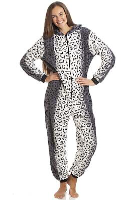 #ad Camille Womens All In One Warm Cosy Hooded One Piece Grey Snow Leopard GBP 26.99
