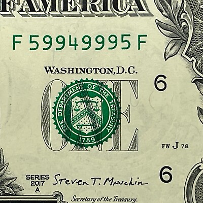 #ad Five of a Kind 9s Fancy Serial Number One Dollar Bill F59949995F Trinary 4s 5s $14.99