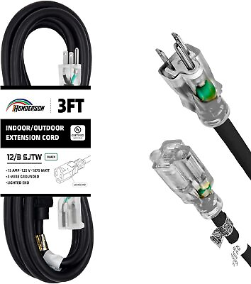 #ad 3FT 12 3 Lighted Outdoor Extension Cord 12 Gauge 3 Prong SJTW Heavy Duty Black $11.68