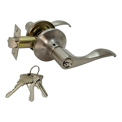 #ad Lever Door Lock Keyed Cylinder Entry Satin Nickel Wave Handle New with 3 Keys $23.03