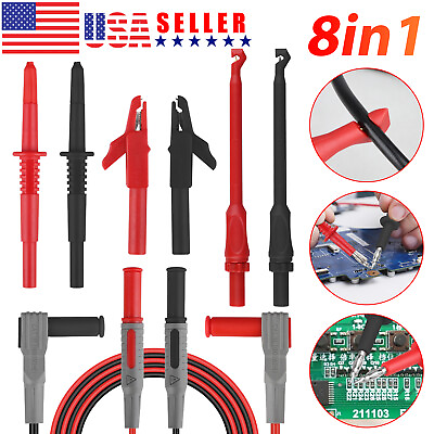 #ad 8in1 Multimeter Test Leads Kit 4mm Wire Piercing Clip Probe Plug Tool Automotive $17.98