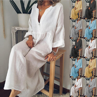 #ad Spring Women Cotton Linen V Neck Baggy Kaftan Maxi Dress Loose Long Sleeve Dress $24.69