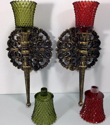 #ad 6 pc set Homco Red Green NOS Pair Gothic Wall Lamp Light Sconces Candle Holder $85.00