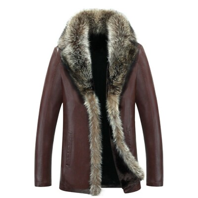 #ad Winter Men#x27;s Fox Fur Collar Wool Lining Sheepskin Leather Overcoat Jacket Warm $214.20