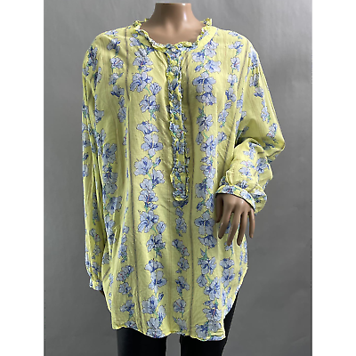 #ad Talbots Top Women 2X Yellow Floral Print Ruffle 1 2 Button Front Long Sleeve $24.99