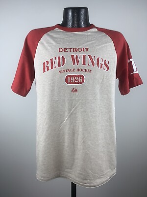 #ad Men#x27;s Majestic Detroit Red Wings Tan Red Vintage Hockey 1926 Short Sleeve Tee XL $20.00