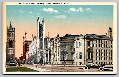 #ad Jefferson Street West View Syracuse New York Old Cars American Flags Postcard $12.00