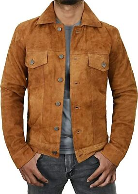 #ad Men#x27;s Real Suede Leather Trucker Classic Retro Motorcycle Bomber Brown Jacket $124.99