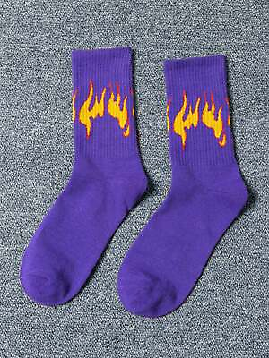 #ad Yellow Flame Purple Socks for Men Fun Socks Funky Socks Novelty Socks $6.32