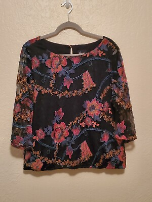 #ad Beige by eci black embroidered mesh tie back lined top Women#x27;s Sz XL $28.88