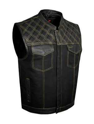 #ad Mens Black Club Vest Diamond Design Yellow Thread Leather amp; Denim $106.54