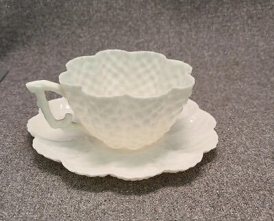 #ad Antique Belleek 2nd Black Mark Pine Cone Porcelain Tea Cup amp; Saucer RARE White $165.00