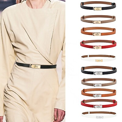 #ad Women Skinny Leather Belt Solid Color Alloy Turn Lock Adjustable Waistband ZF $10.01