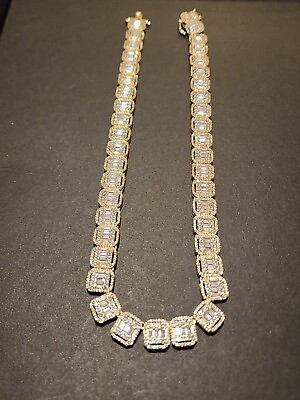 #ad Men#x27;s Baguette Tennis Chain Necklace14K Gold 5X Layered Cuban Chain Bling... $185.00