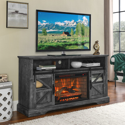#ad 60quot; Electric Fireplace 1500W TV Stand w Door Sensor Dark Rustic Oak Remote $451.19