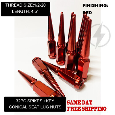 #ad FIT CHEVROLET C K TRUCK SPIKE LUG NUT 4.5#x27;#x27; CONICAL SEAT 1 2 20 RED 32PCKEY $60.99