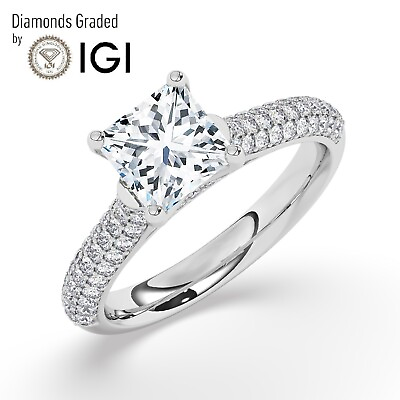 #ad IGI 2 CT Solitaire Lab Grown Princess Diamond Engagement Ring 18K White Gold $2676.00