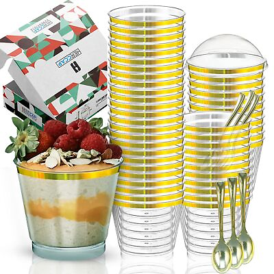 #ad Gold Rimmed Plastic Dessert Cups Dome Lids amp; Gold Mini Spoons Dessert Cup... $37.99
