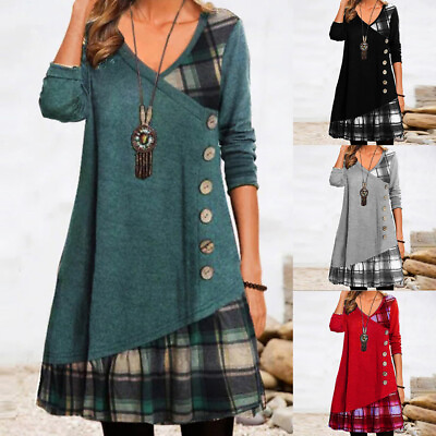 #ad Womens Long Sleeve Button Check Patchwork Dress Ladies V Neck A Line Casual Gown $21.99