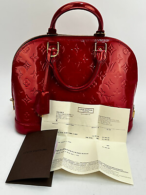 #ad Louis Vuitton Monogram Alma PM Vernis Patent Red Leather Top Handle Bag Receipt $699.99