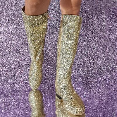 Womens Glitter Round Toe Low Heel Gold Zip Mid Calf Boots Shoes Bling Bling Club $131.88