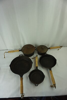 #ad 7 Piece Cast Iron Cooking Set 3 Wood Handled Skillets amp; 2 Small Kettles W Lids $149.95
