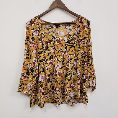 #ad Torrid Womens Long Sleeve Round Neck Tiered Top Size 2X Yellow Floral Spring $22.39