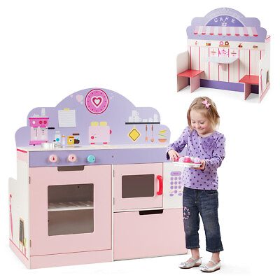 #ad 2 in 1 Kids Play Kitchen amp; Cafe Restaurant Wooden Pretend Cooking Playset Toy $99.99