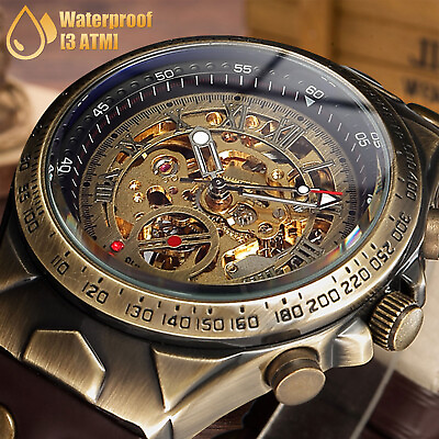 Luxury Men#x27;s Automatic Mechanical Wrist Watch Leather Strap Retro Skeleton Dial $22.48