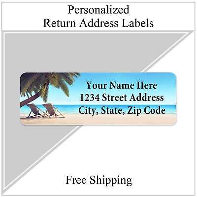 #ad 60 Return Address Labels Personalized Printed 3 4 x 2 1 4 Beach Scene $2.99