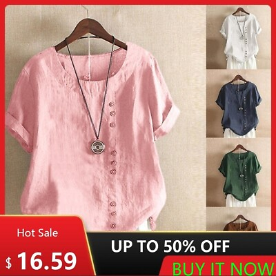 #ad Women Short Sleeve Solid Tops Ladies Cotton Linen Casual Shirt Loose Blouse Tees $16.79