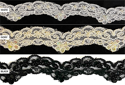 #ad 1quot; Pearls amp; Corded Bridal Embroidered Lace Trimming 8 Continuous Yards $18.00