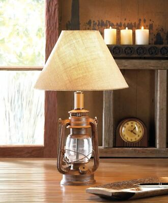 #ad VINTAGE STYLE OLD FASHIONED RUSTIC CAMPING OIL LAMP BEDSIDE END TABLE LAMP SHADE $85.20