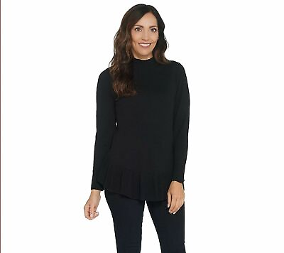 #ad New Isaac Mizrahi Live XL Mock Neck Long Sleeve Peplum Sweater Black QVC 3039 $27.60
