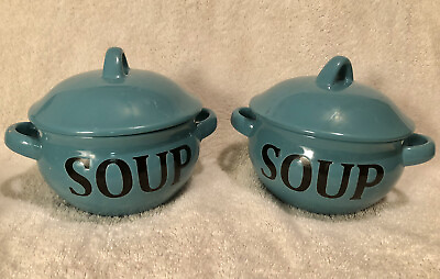 #ad SET 2 Mainstays Double Handle Labeled SOUP Bowls w Lids Aqua Ceramic $40.49