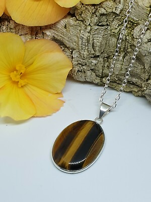 #ad Golden Tigers Eye Reflective Pendant Necklace Silver Plated 18quot; Chain T 5 GBP 14.99
