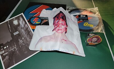 #ad David Bowie Collector Lot: Pin Bag Poster Turntable Mat Display Stand Set $21.49