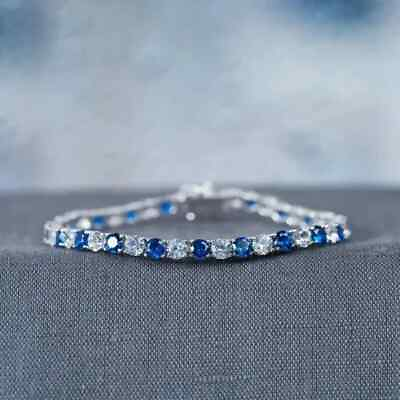 #ad 10Ct Round Cut Sapphire amp; Moissanite Tennis Bracelet 14K White Gold Plated Silve $187.19