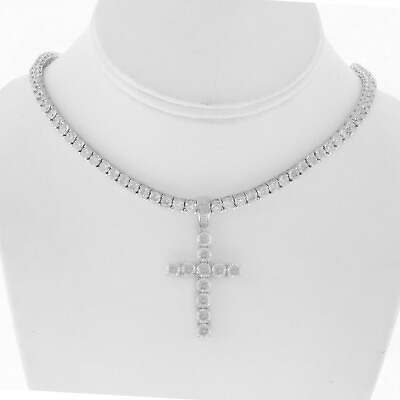 #ad REAL SOLID STERLING SILVER Hip Hop 1 Row 3mm Tennis Chain amp; Bling CZ Cross $121.95