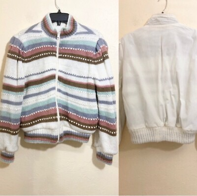 #ad Vintage 80#x27;s Women#x27;s Size M Knit Crochet Jacket Coat White Reversible $19.99