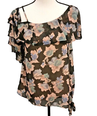 #ad Mary amp; Mabel Womens Top Sz XS Black Pink Floral Cold Shoulder Ruffle NWT $65 $4.95