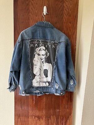 #ad Refuge Large Jean Jacket Denim Marilyn Monroe Button Up Distressed C $99.99