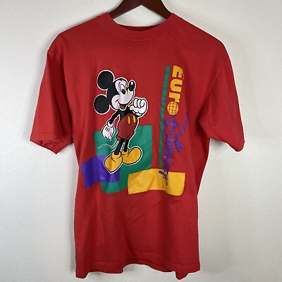 #ad Vintage Mickey Mouse Euro Disney T Shirt Mens M Red Big Print Disneyland Cartoon $39.99