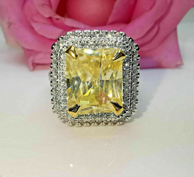 #ad 5Ct Radiant Yellow Lab Created Diamond Halo Wedding Ring 14k White Gold Finish $115.00