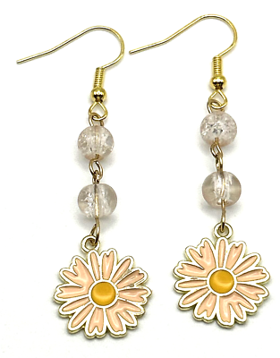 #ad Blush Pink Enamel Gerbera Daisy Flower Daisies Dangle Drop Earrings w Glass $2.48