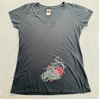 #ad Harley Davidson Shirt Womens XL USA V Neck Black Short Sleeve Biker Floral $17.95