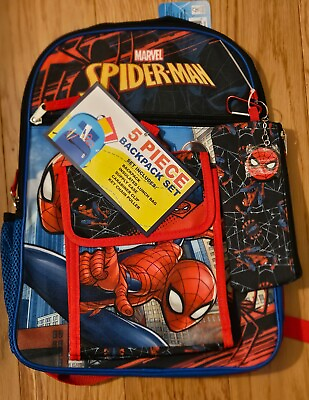 #ad Marvel Spider Man 5 Piece Backpack Set Lunch Bag Supply Case Key Chain NWT $15.99