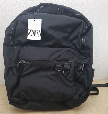 #ad Zara Black Backpack Multi Pocket Nylon Bag with 15quot; Laptop Padded Sleeve $39.99